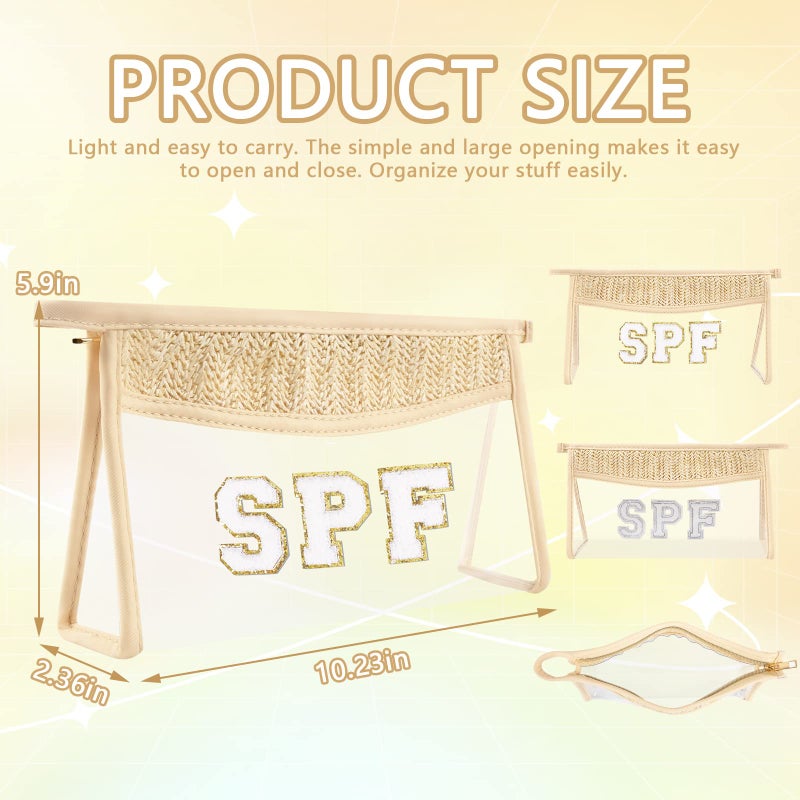 Iqimott Boho Patch SPF Bag Clear Makeup Letter Bag  Waterproof Zipper Make up Bag Toiletry Pouch for Women Girls  Clear Letter Patch Cosmetic Bag Transparent Organizer Pouch for Travel(SPF  Beige) - Image 2